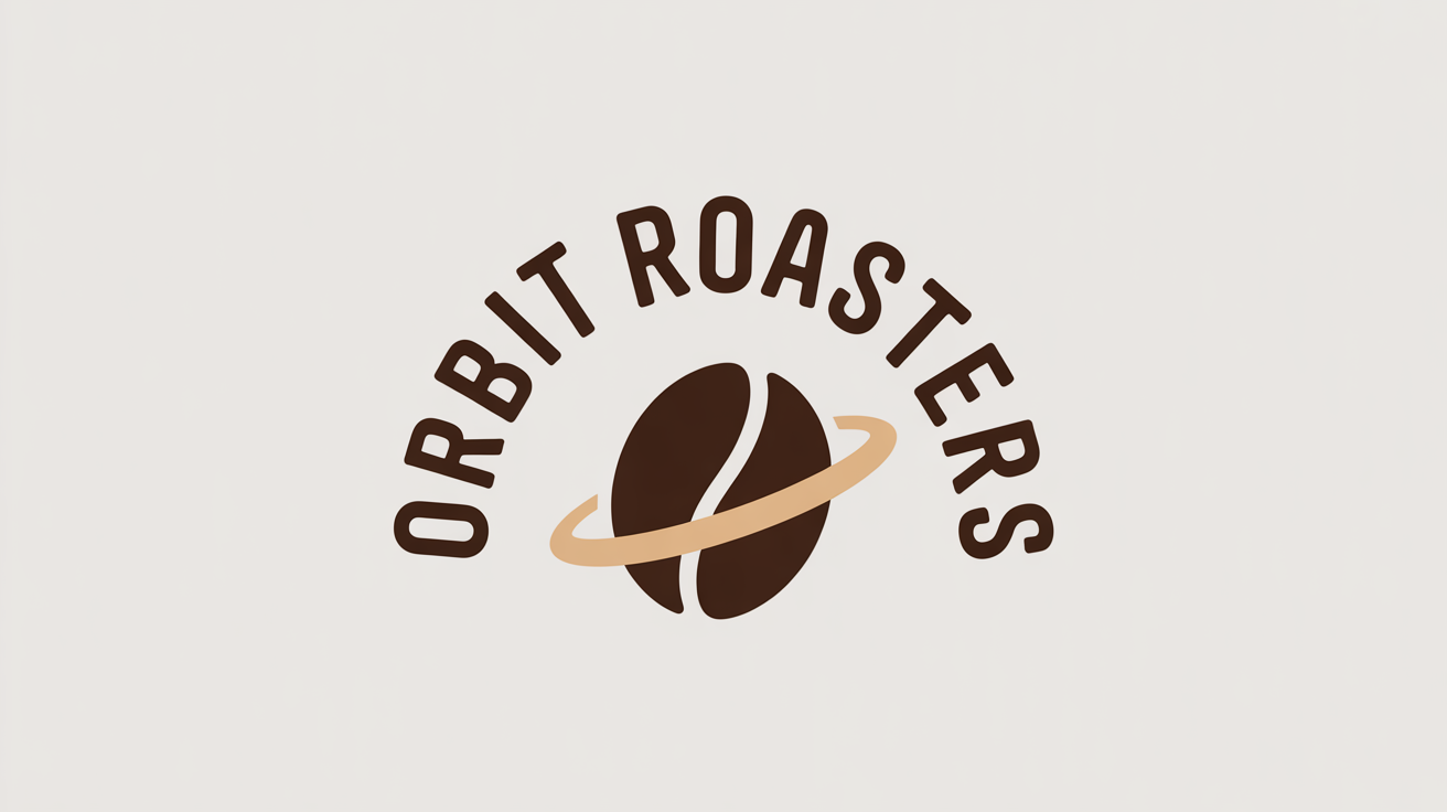 A modern logo for a coffee brand named 'Orbit Roasters' on a white background. The text is curved in an arch above a stylized icon of a coffee bean with an orbital ring.