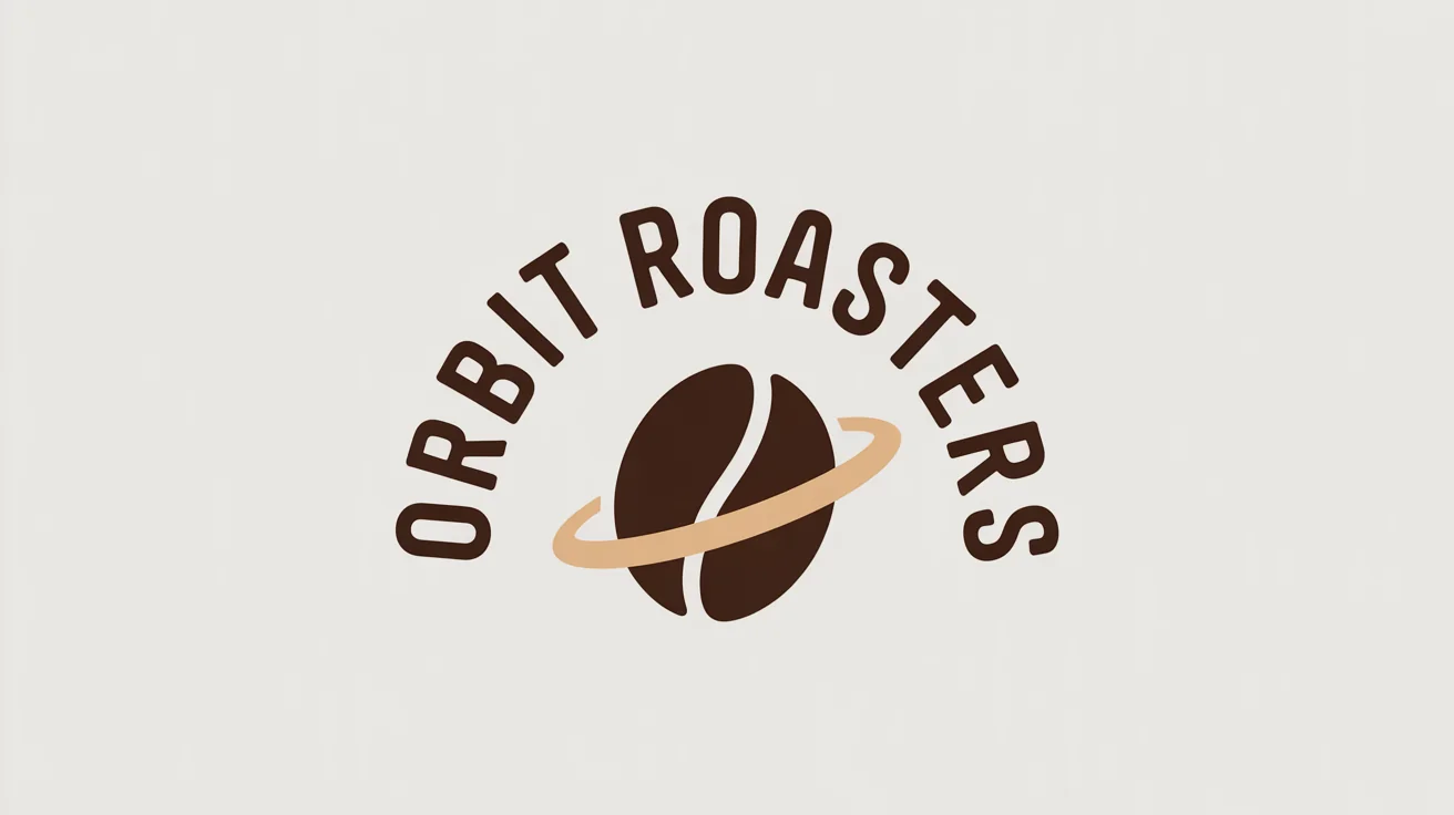 A modern logo for a coffee brand named 'Orbit Roasters' on a white background. The text is curved in an arch above a stylized icon of a coffee bean with an orbital ring.