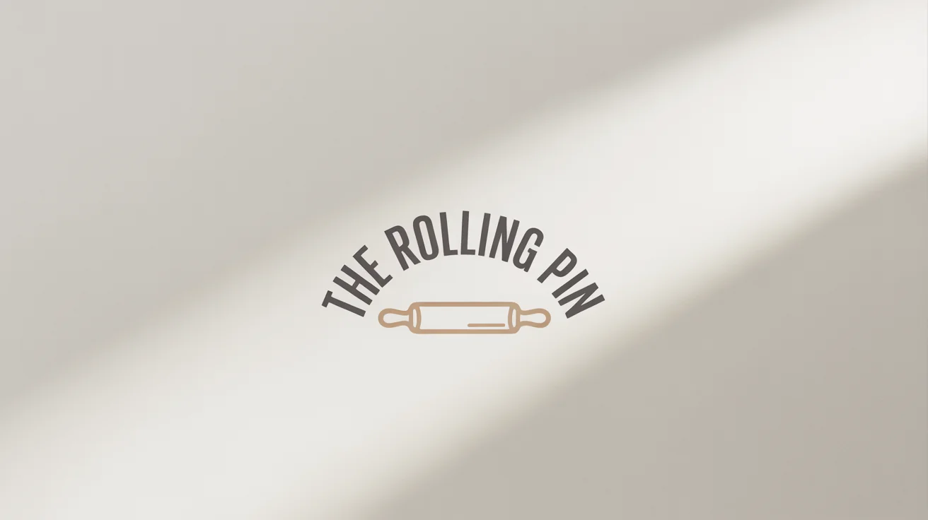 A minimalist logo for 'The Rolling Pin' bakery, featuring the name in a curved text arch over a simple rolling pin icon, on a white background.