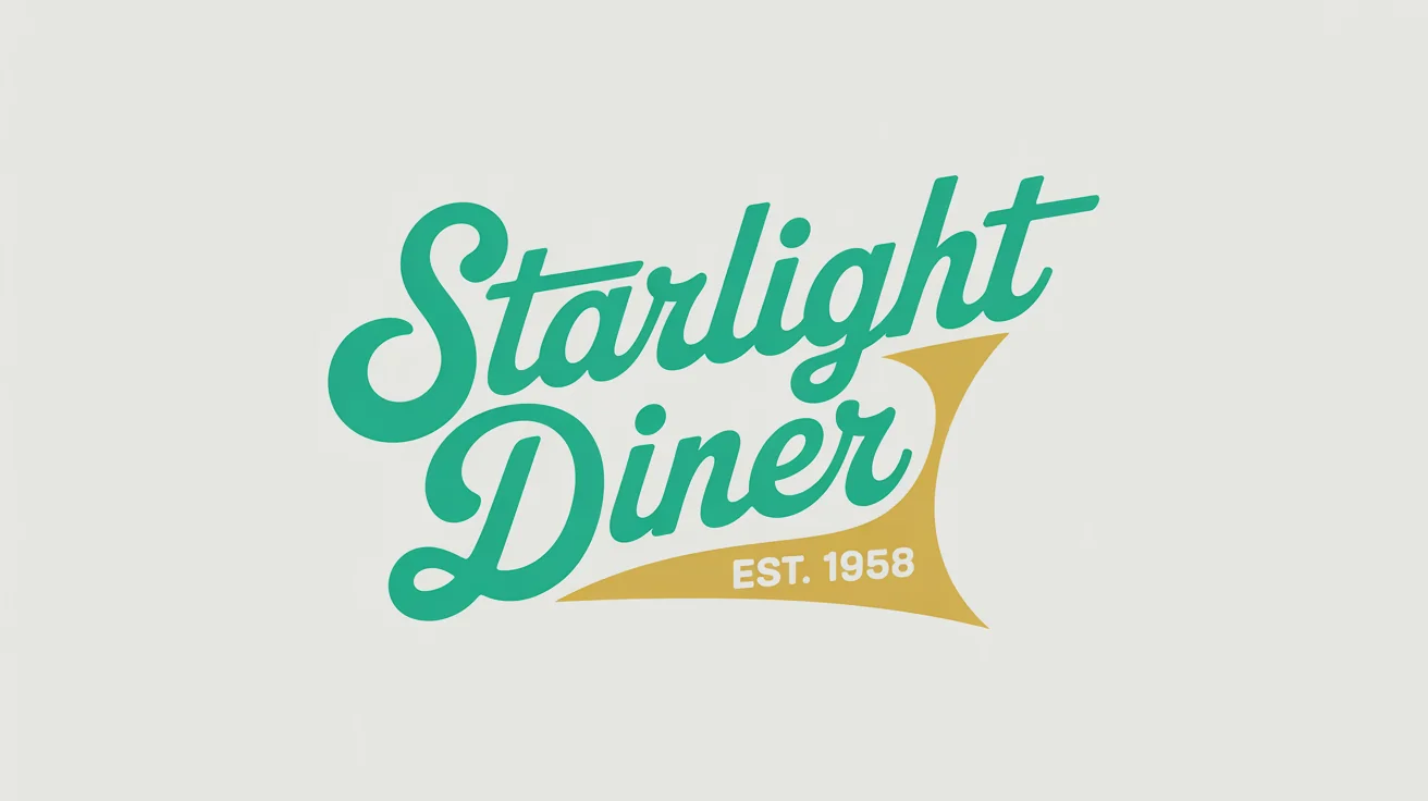 A professional mockup of a retro-style curved text logo for the 'Starlight Diner'. The name is in a curved neon teal script, with 'Est. 1958' below it, all set against a stylized yellow starburst on a clean white background.