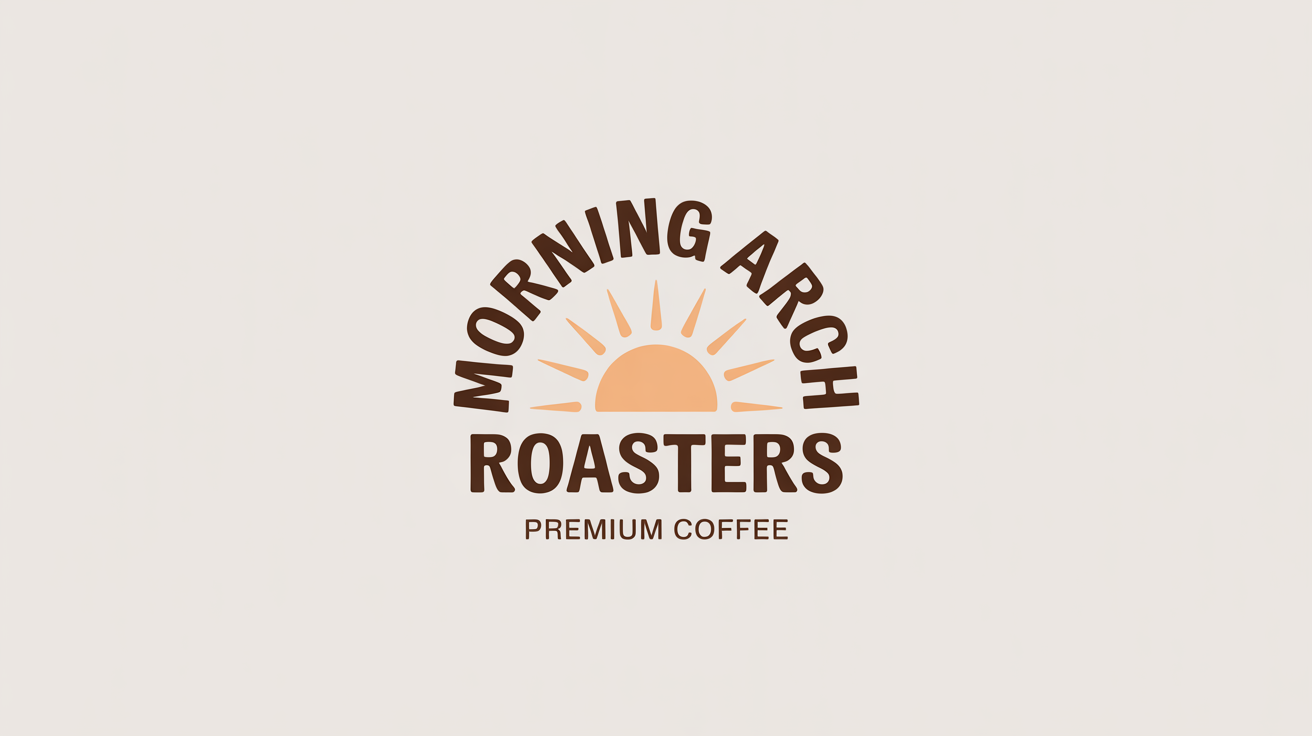 A modern logo mockup for 'Morning Arch Roasters' featuring the name in a curved arch over a rising sun icon, all on a clean white background.