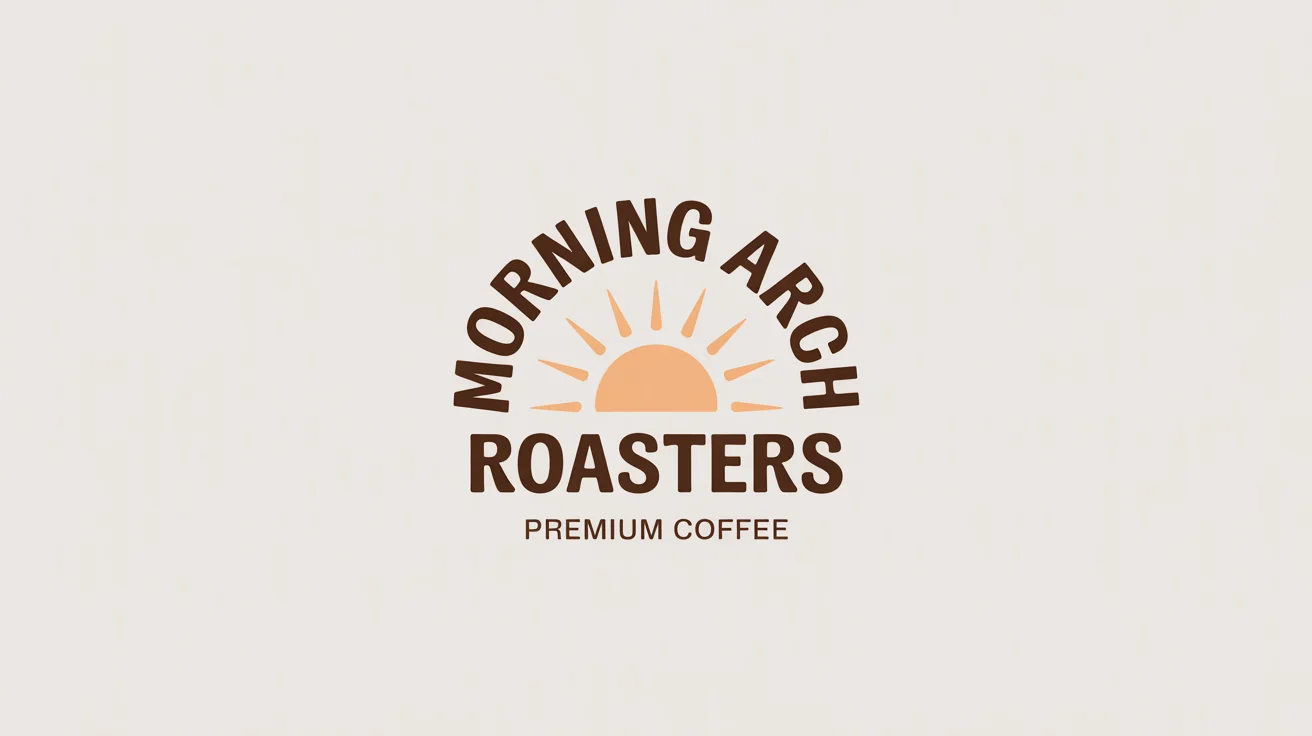 A modern logo mockup for 'Morning Arch Roasters' featuring the name in a curved arch over a rising sun icon, all on a clean white background.