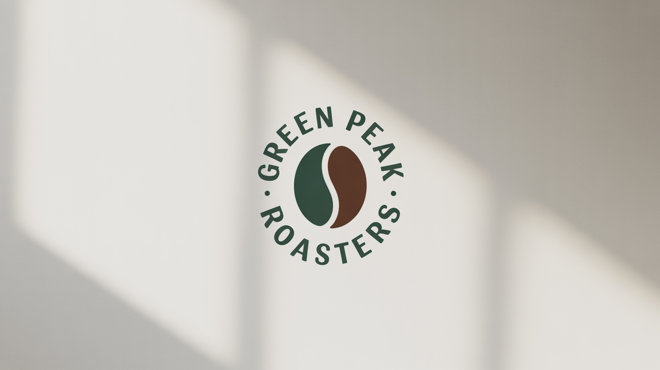 A modern, circular logo mockup for "GREEN PEAK ROASTERS" on a white background. The brand name is in a curved forest green font, encircling a brown icon of a mountain and a coffee bean.