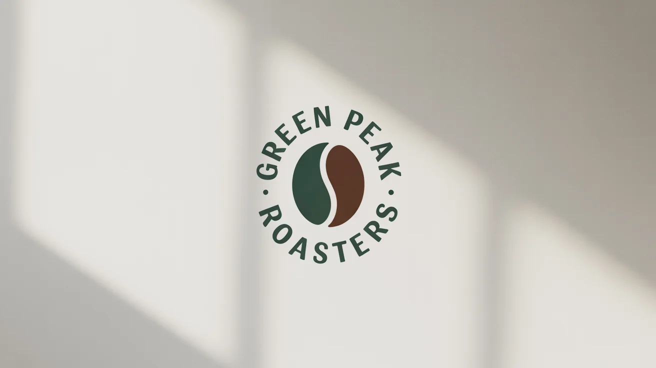 A modern, circular logo mockup for "GREEN PEAK ROASTERS" on a white background. The brand name is in a curved forest green font, encircling a brown icon of a mountain and a coffee bean.