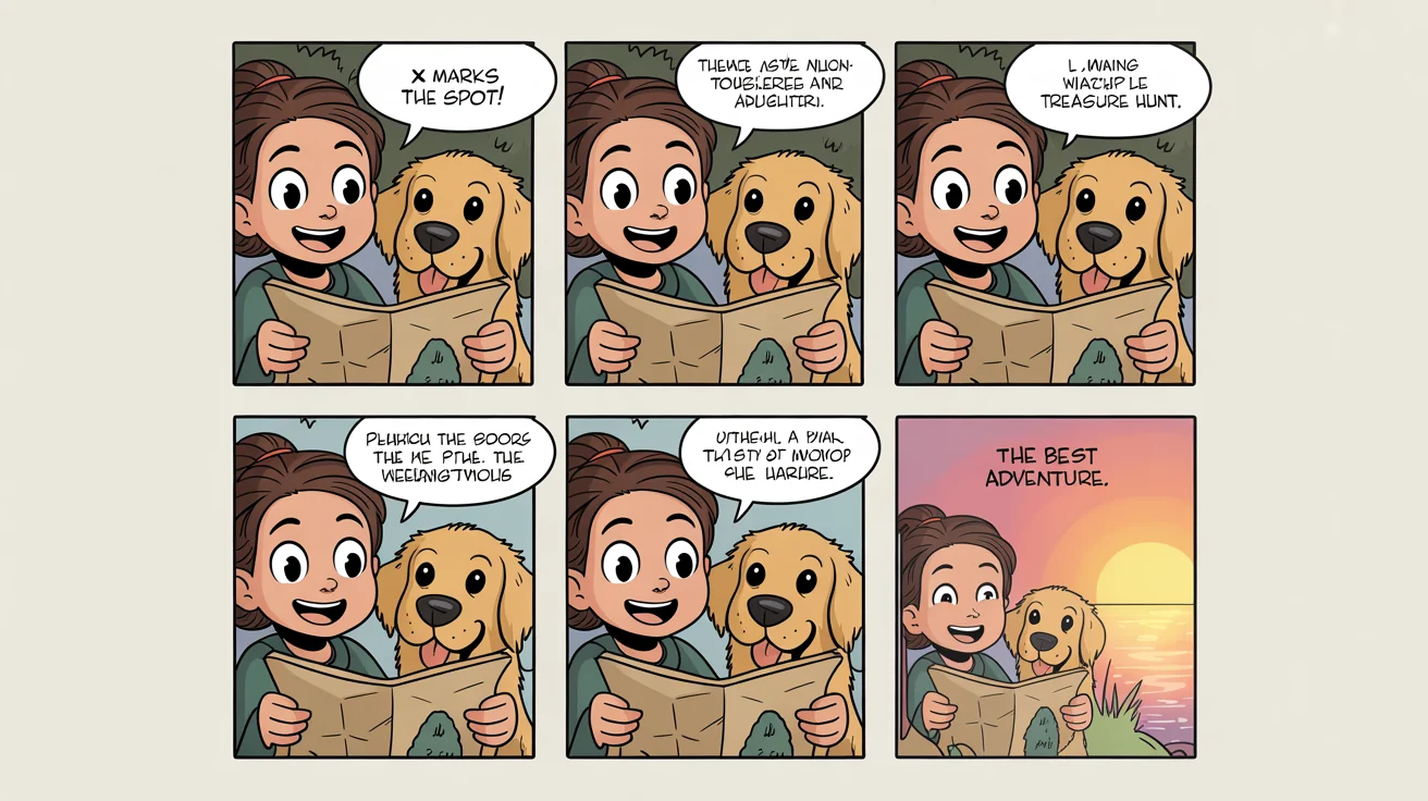 A finished 6-panel comic storyboard showing the final output of a design tool. The comic, in a modern cartoon style, tells the story of a girl and her dog finding a treasure chest, with legible text in speech bubbles.