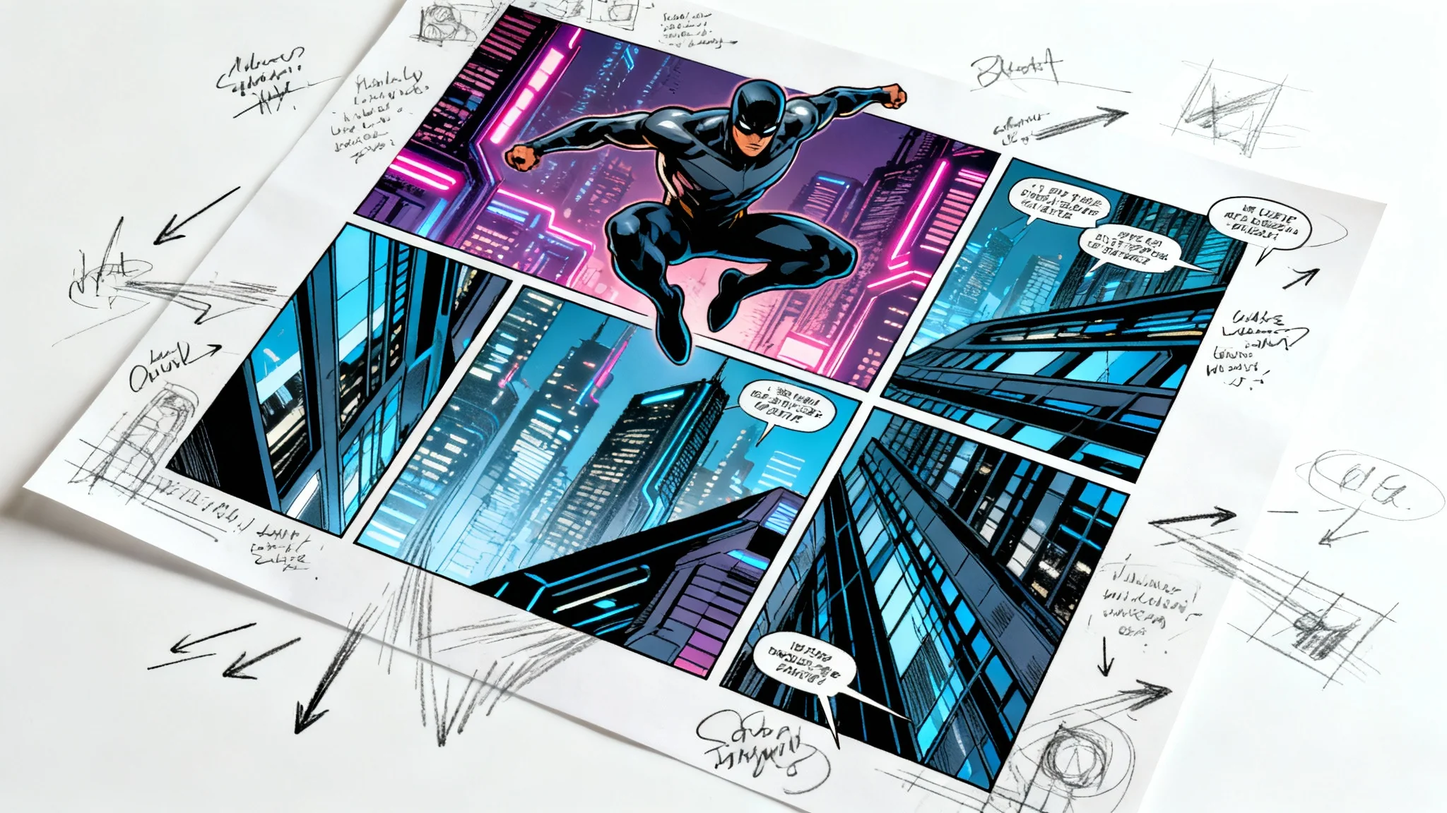 A top-down view of a comic book storyboard laid out on a white surface, showing a six-panel action sequence of a superhero with sketched notes in the margins.