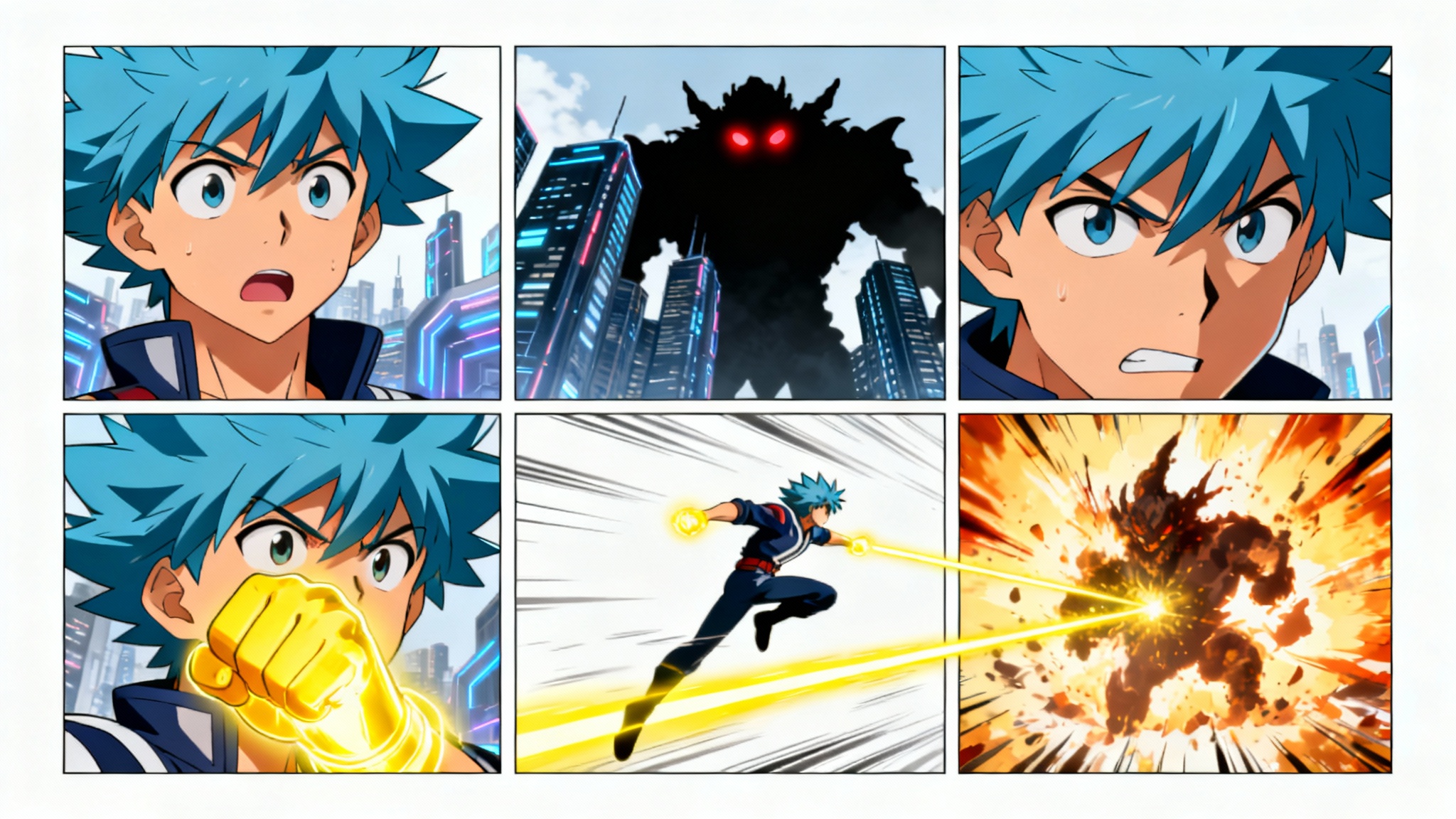 A six-panel comic book storyboard displaying a cinematic action scene where a hero with blue hair fights a giant monster in a futuristic city, presented as a mockup on a white background.