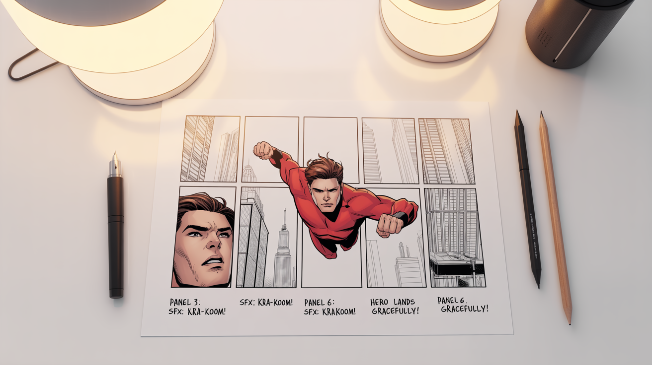 A flat lay of a comic book storyboard showing a superhero in action, with artist's pens neatly arranged on a white background.