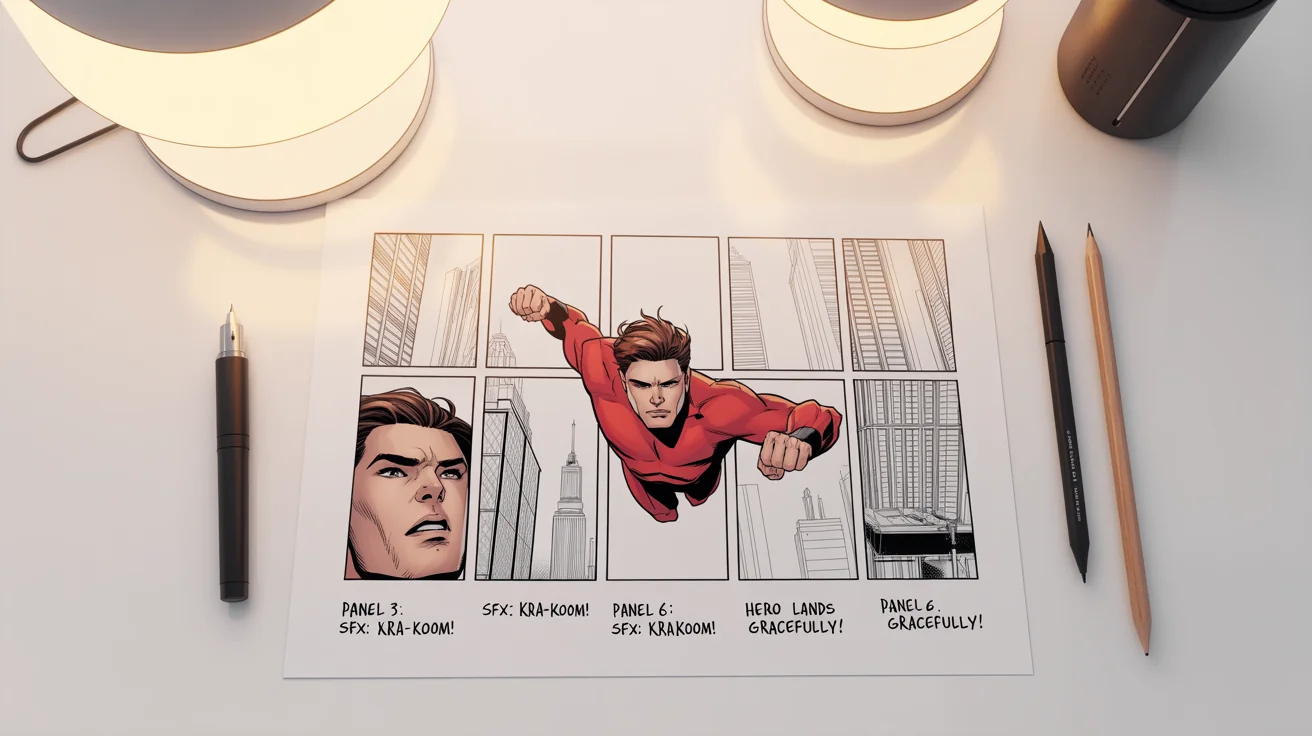A flat lay of a comic book storyboard showing a superhero in action, with artist's pens neatly arranged on a white background.
