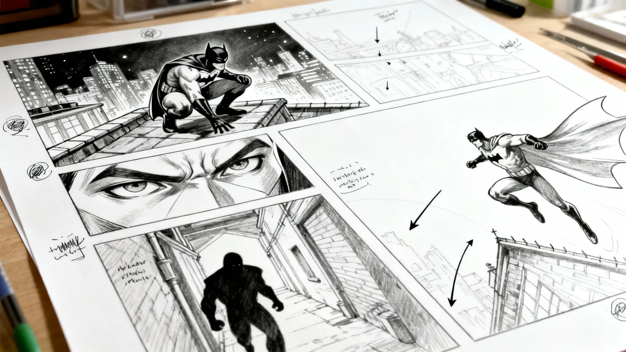 A professional comic book storyboard mockup on a white background, showing four sketched panels of a superhero action sequence.