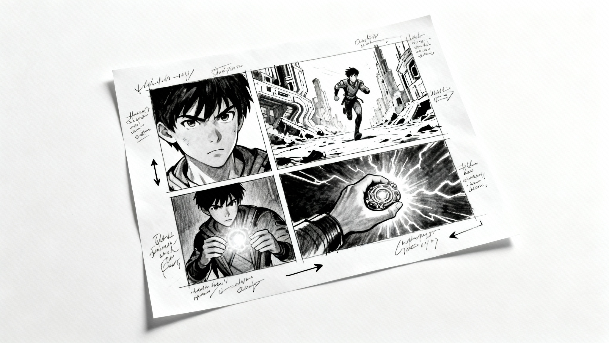 A flat lay photograph of a science fiction comic book storyboard, showing four sketched panels of a character's adventure on a clean white background.