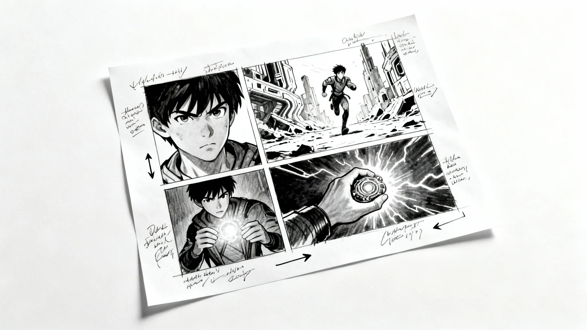 A flat lay photograph of a science fiction comic book storyboard, showing four sketched panels of a character's adventure on a clean white background.