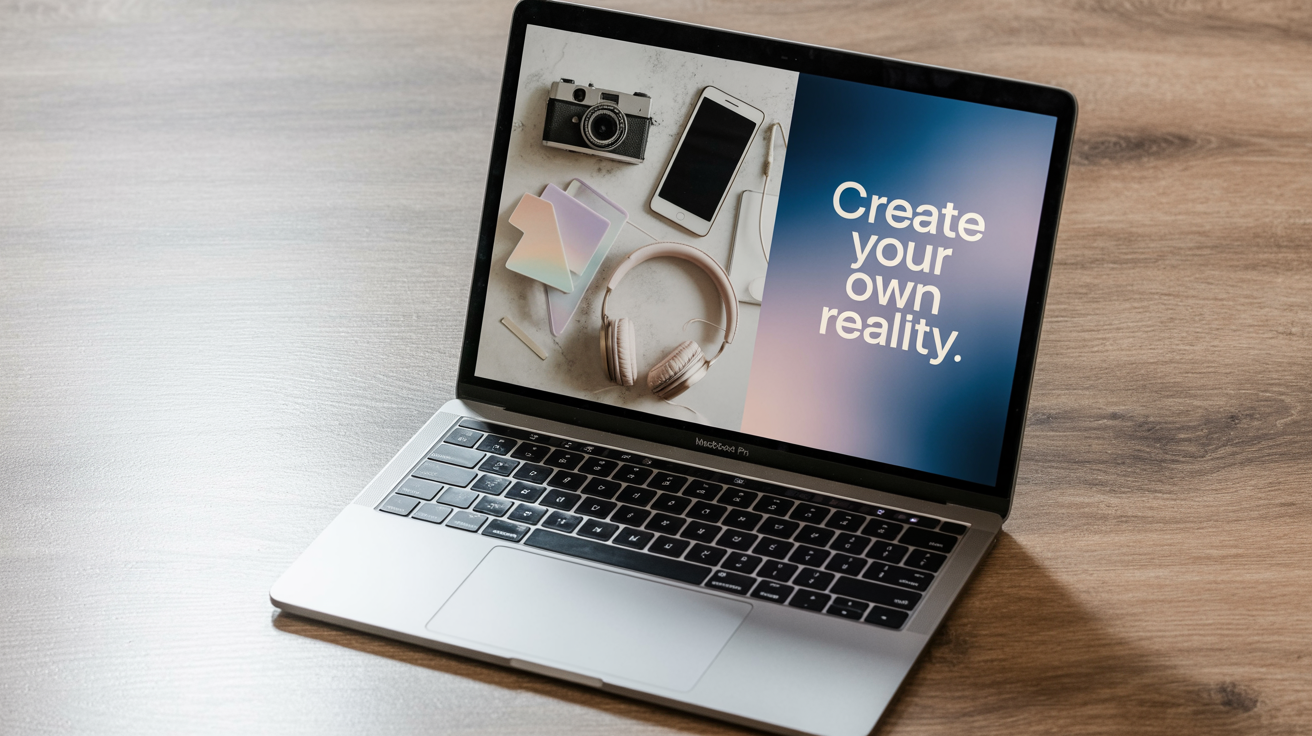 An open MacBook Pro on a clean desk, its screen showing a vibrant, custom-made collage wallpaper with a blue and purple gradient, tech gadgets, abstract shapes, and the inspirational quote 'Create your own reality'.