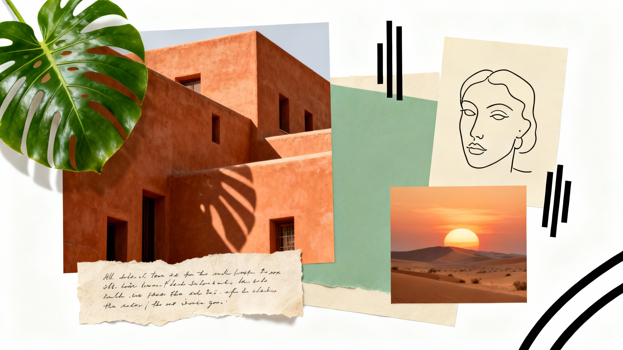 A modern collage wallpaper for a MacBook, featuring an artistic arrangement of photos of architecture, plants, and landscapes in a warm, earthy color palette.