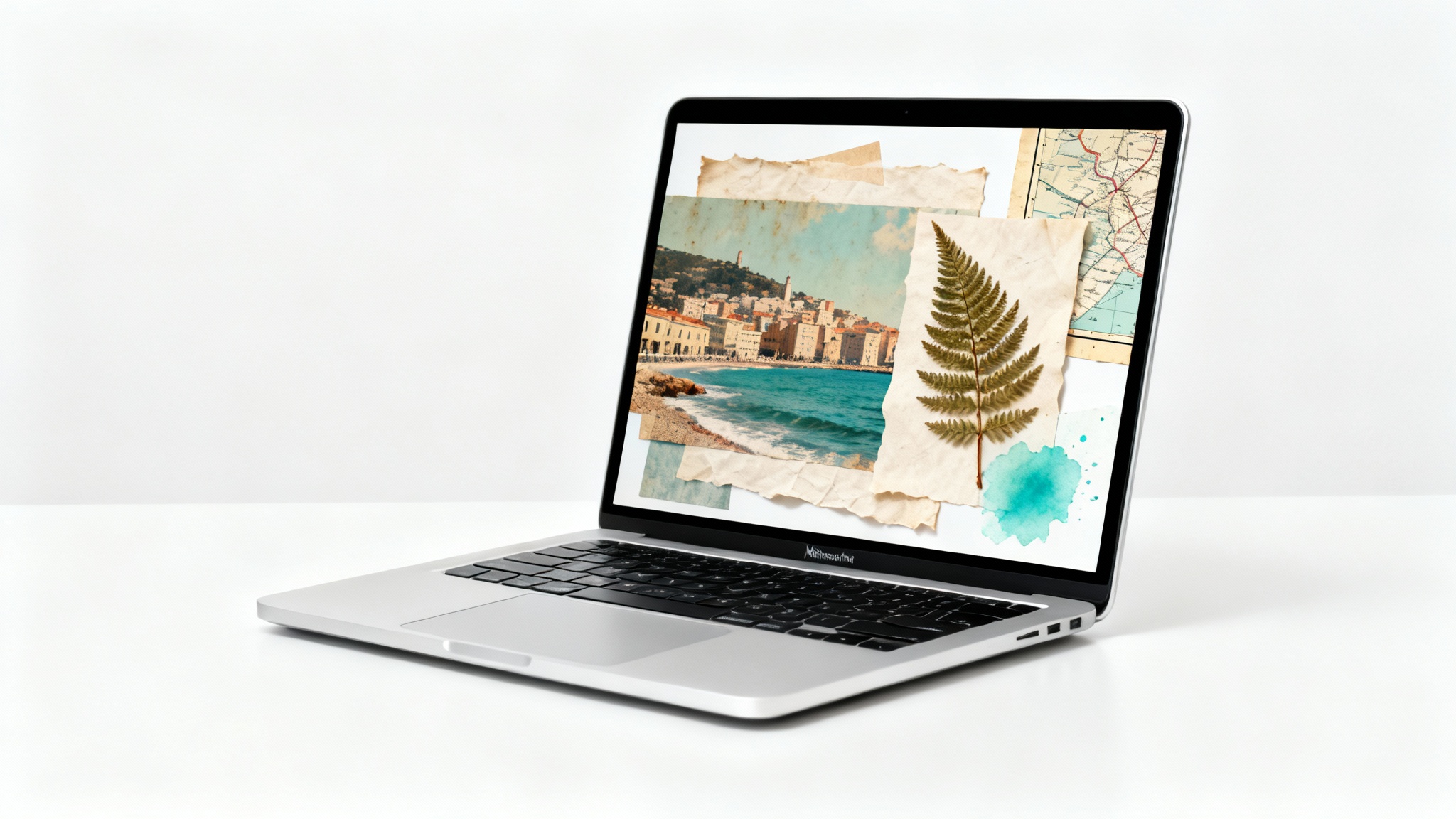 A front-facing view of a modern MacBook on a white background, with its screen displaying a creative collage-style wallpaper featuring vintage photos, paper textures, and natural elements.