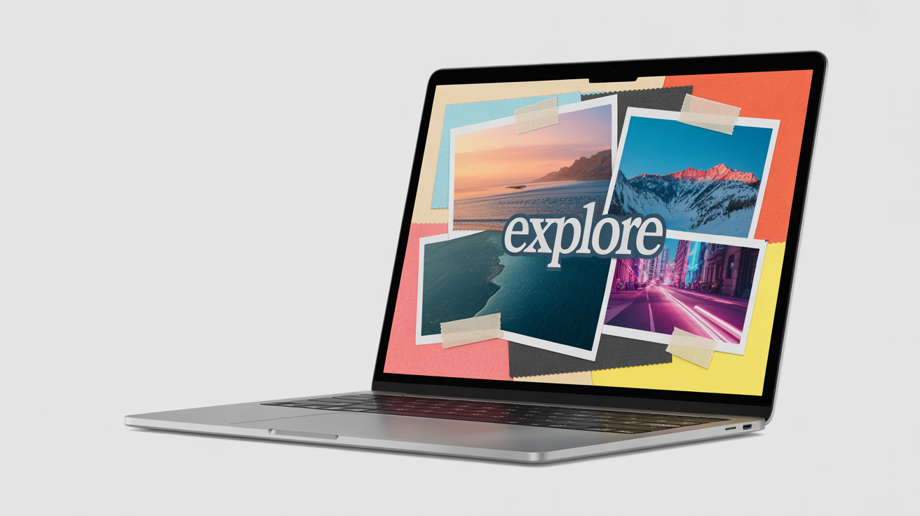 A photorealistic mockup of a silver MacBook displaying a vibrant travel collage wallpaper with the word 'EXPLORE' on the screen, set against a clean white background.