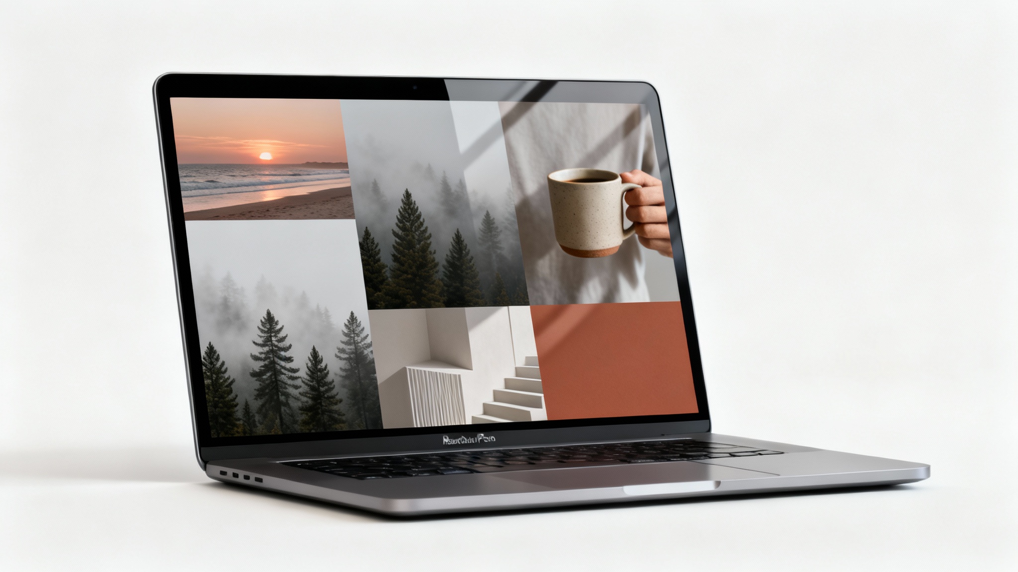A sleek MacBook positioned on a white background, its screen showcasing a stylish and aesthetic collage wallpaper with images of nature, architecture, and coffee.