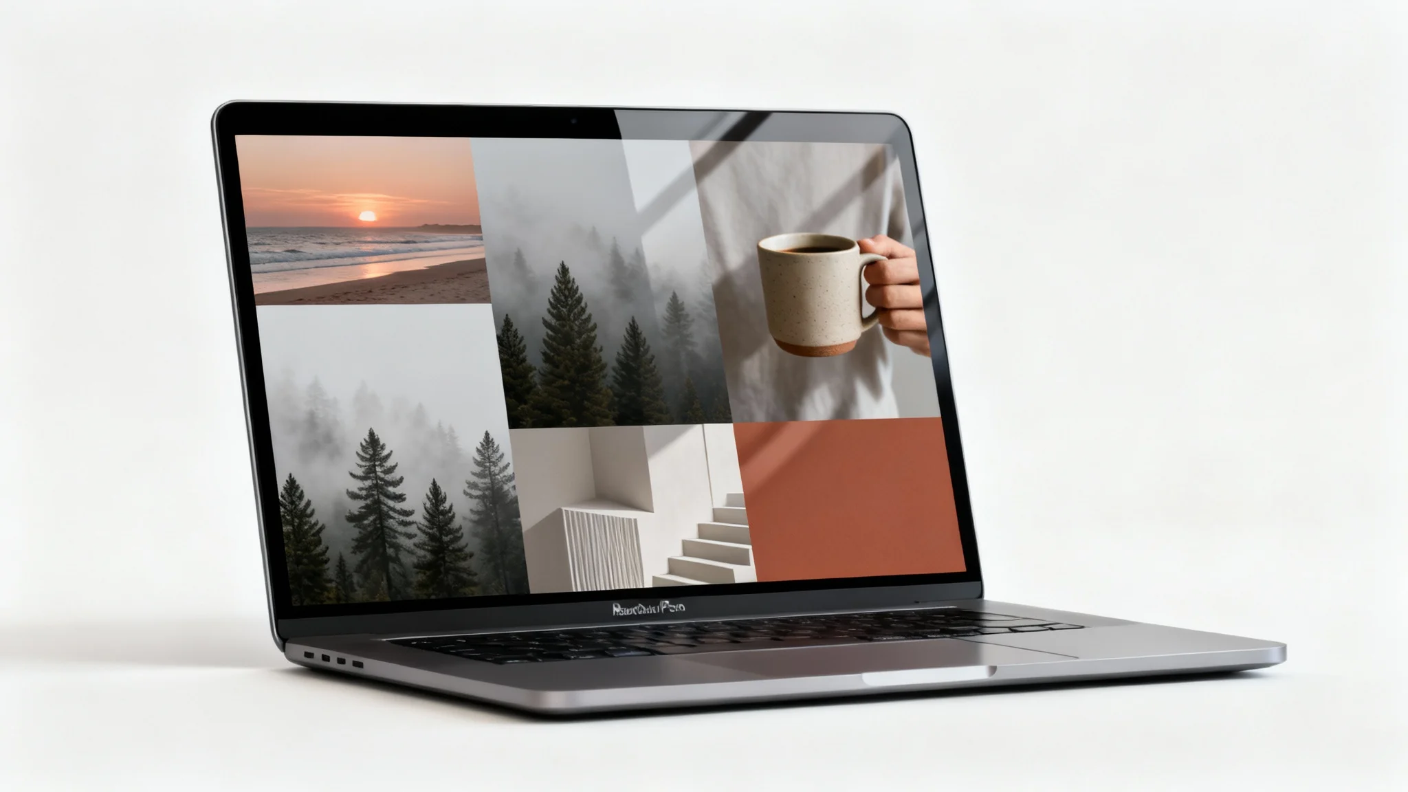 A sleek MacBook positioned on a white background, its screen showcasing a stylish and aesthetic collage wallpaper with images of nature, architecture, and coffee.