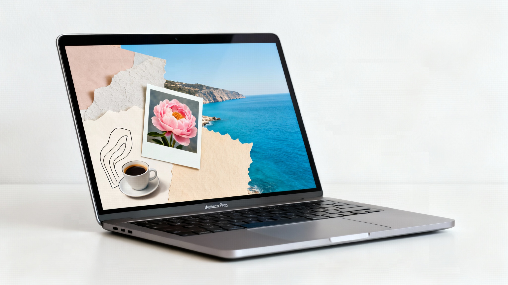A photorealistic mockup of a silver Macbook Pro on a white background, with its screen showing an aesthetic collage wallpaper featuring a mix of nature photos, line art, and textures.