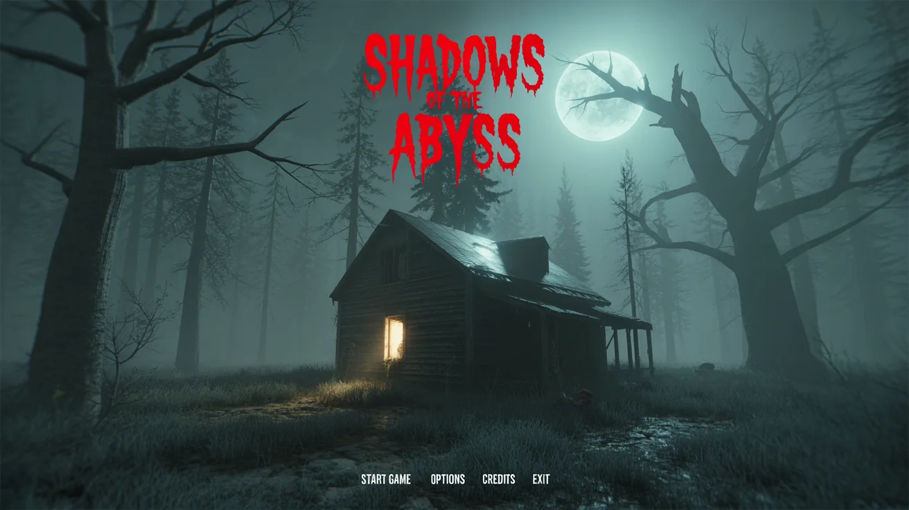 A cinematic title screen for a horror game. In a dark, foggy forest at night, an ominous cabin glows from within. The title "Shadows of the Abyss" is written in a jagged, blood-red font, with menu options like "Start Game" listed below.