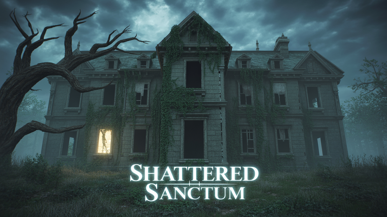 A cinematic title screen for a horror game named 'SHATTERED SANCTUM'. It shows a creepy, dilapidated asylum at night, with a single glowing window and the game's title in the foreground.