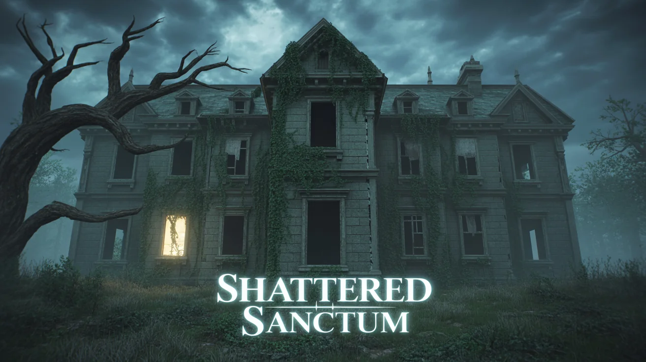 A cinematic title screen for a horror game named 'SHATTERED SANCTUM'. It shows a creepy, dilapidated asylum at night, with a single glowing window and the game's title in the foreground.
