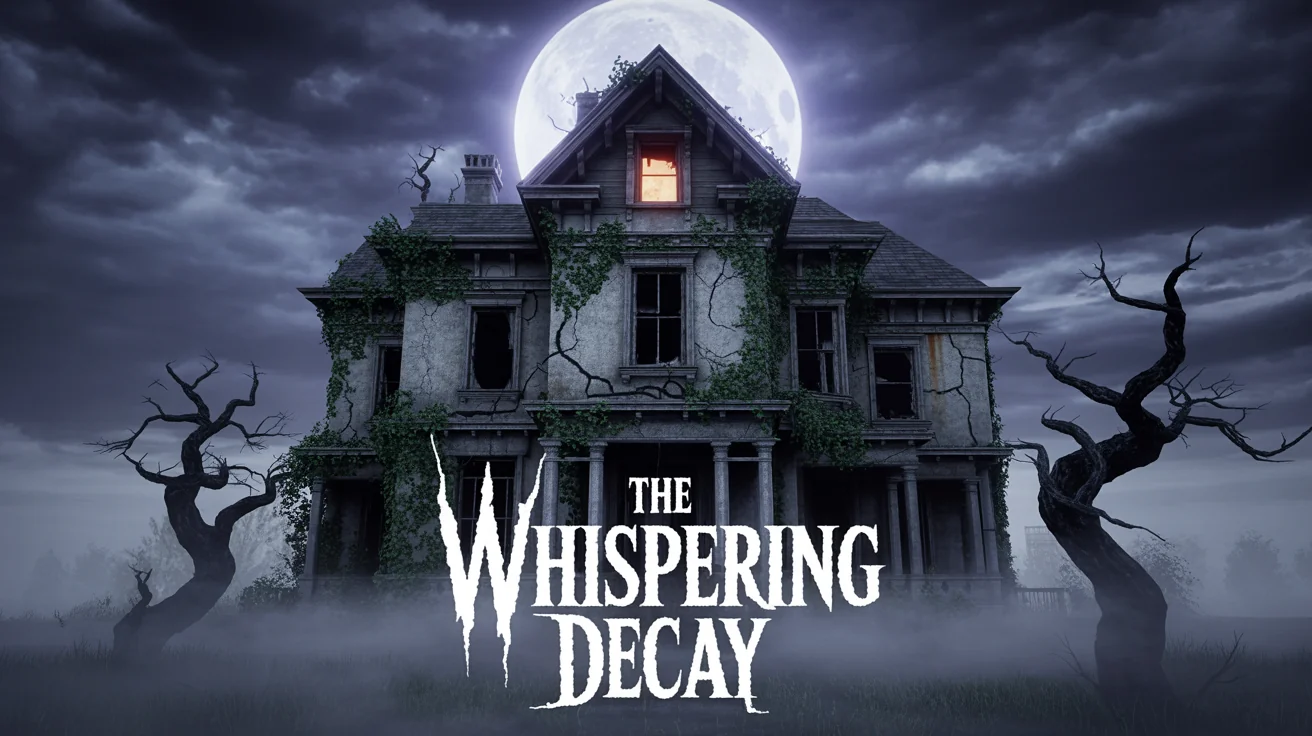 A cinematic title screen for a horror game showing a spooky, dilapidated mansion under a full moon, with the title 'The Whispering Decay' in a gothic font.