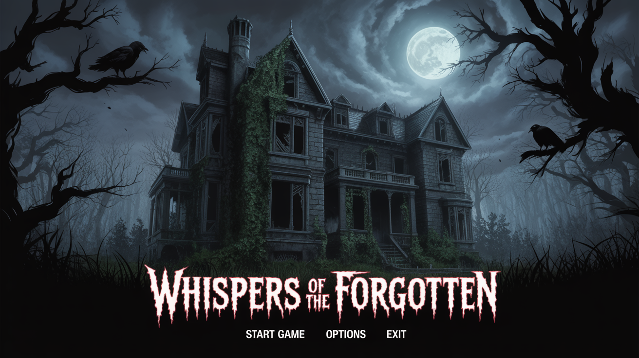 A horror game title screen mockup for 'Whispers of the Forgotten', showing a haunted gothic mansion at night under a full moon, with menu options for starting the game.