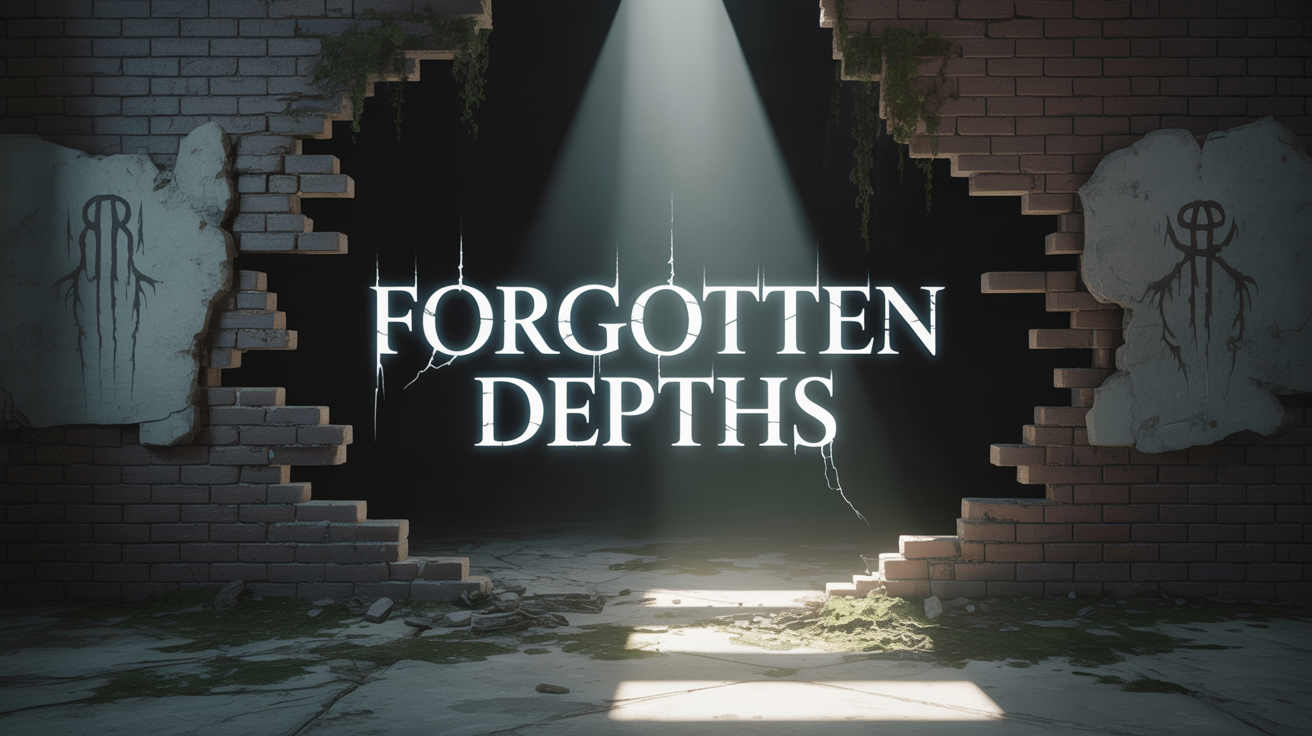 A horror game title screen mockup featuring the glowing title 'Forgotten Depths' against a dark, crumbling brick wall, creating a sense of dread and mystery.