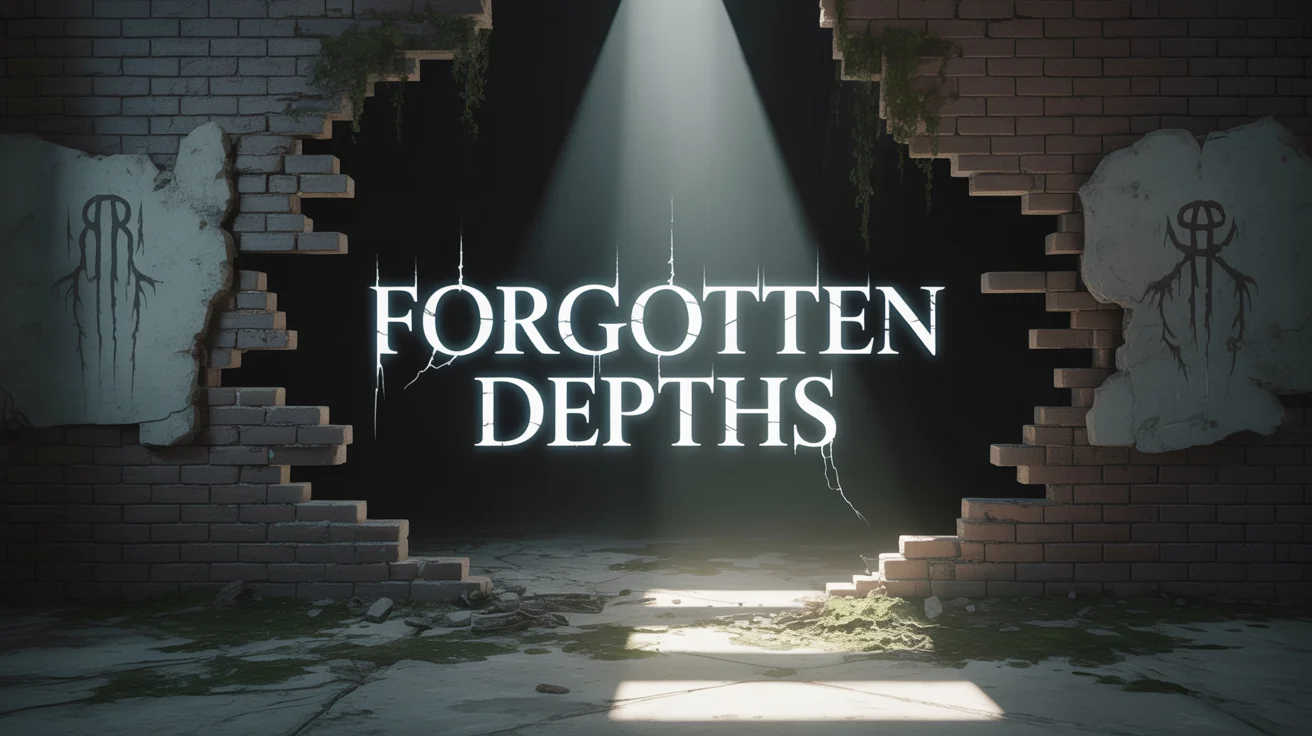 A horror game title screen mockup featuring the glowing title 'Forgotten Depths' against a dark, crumbling brick wall, creating a sense of dread and mystery.