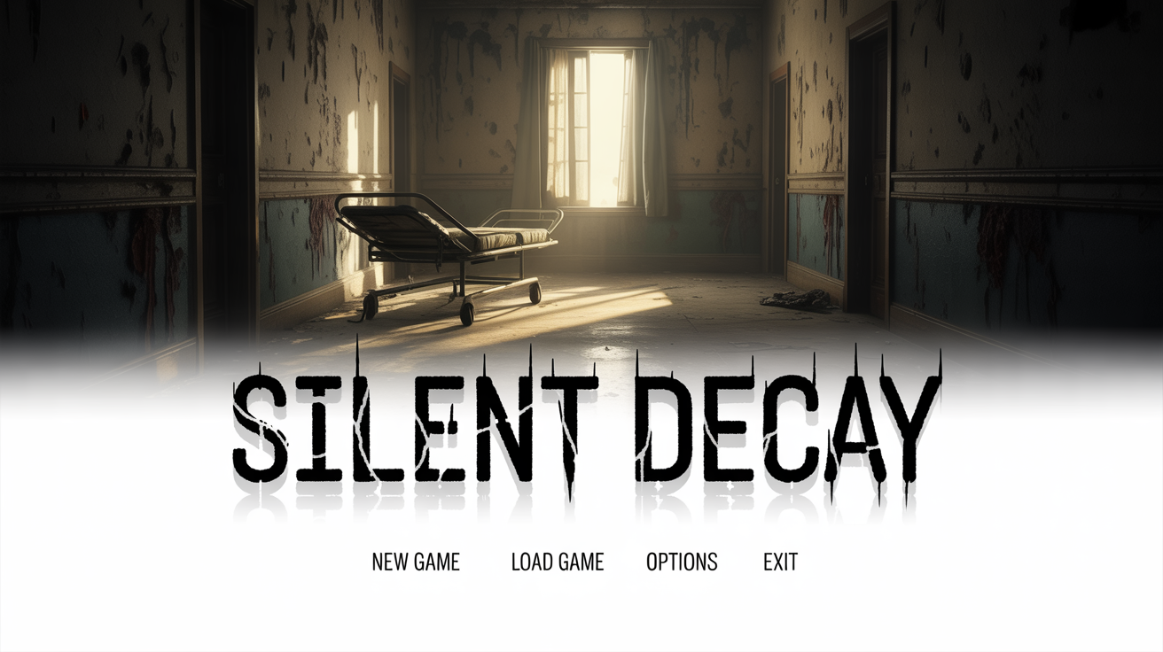A mockup of a horror game title screen for a game called 'SILENT DECAY'. The title is in a distressed font over a dark, abandoned asylum hallway, with menu options below. The entire design is on a white background.
