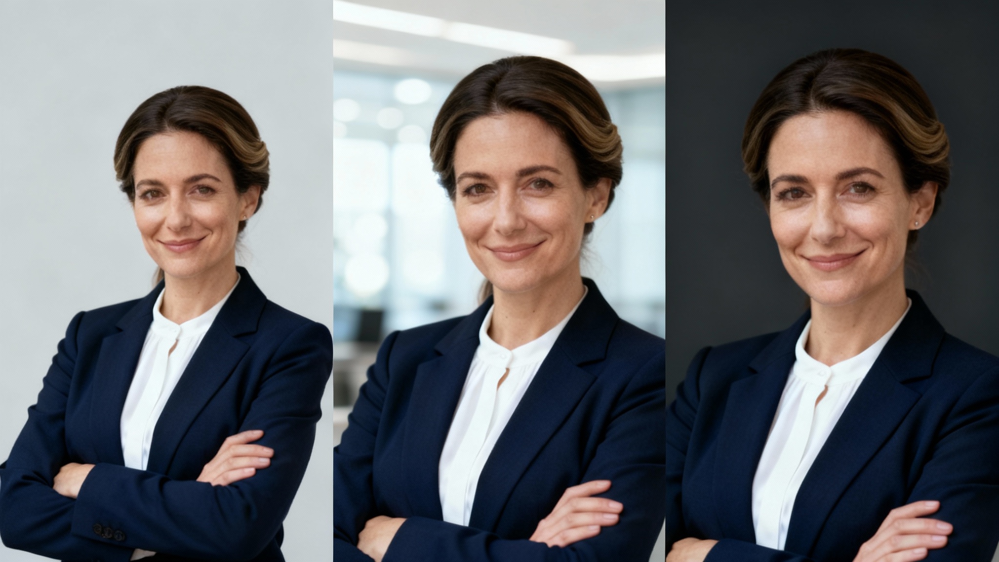 A triptych of professional headshots showing the same woman against three different backgrounds for a CV: a solid light grey, a blurred modern office, and a solid dark charcoal.