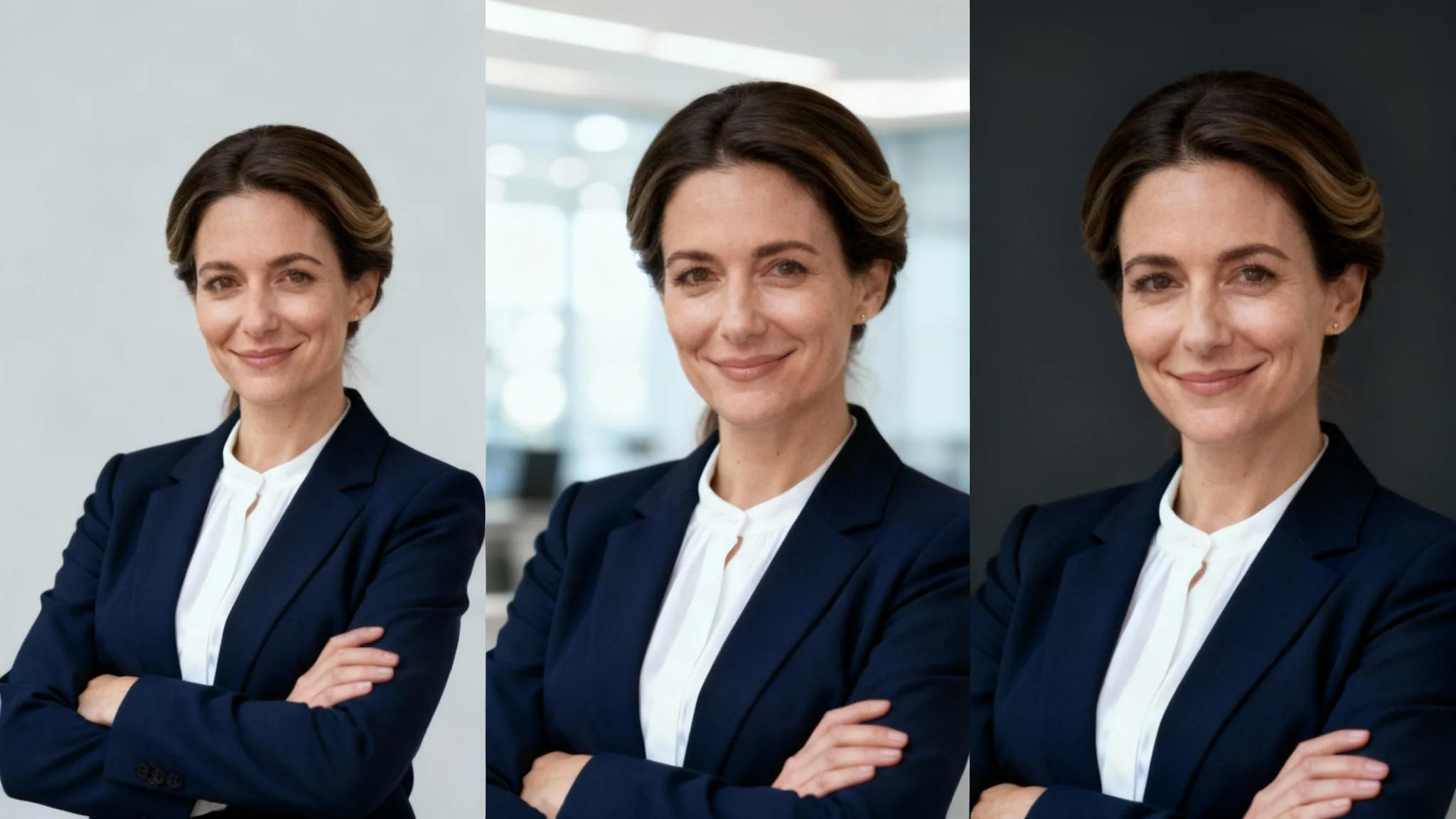 A triptych of professional headshots showing the same woman against three different backgrounds for a CV: a solid light grey, a blurred modern office, and a solid dark charcoal.