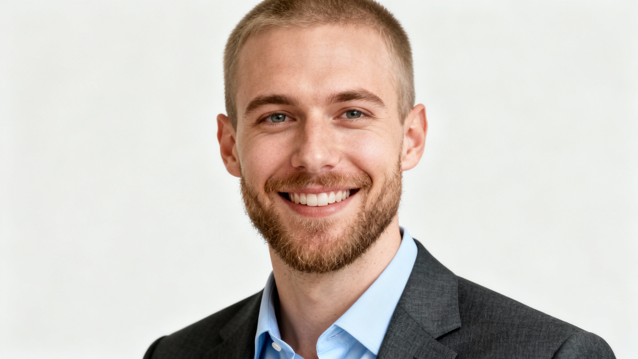 A professional CV headshot of a smiling man in a suit jacket and collared shirt, set against a clean, off-white background.