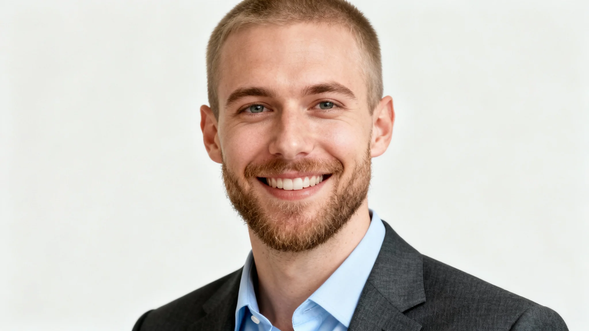 A professional CV headshot of a smiling man in a suit jacket and collared shirt, set against a clean, off-white background.