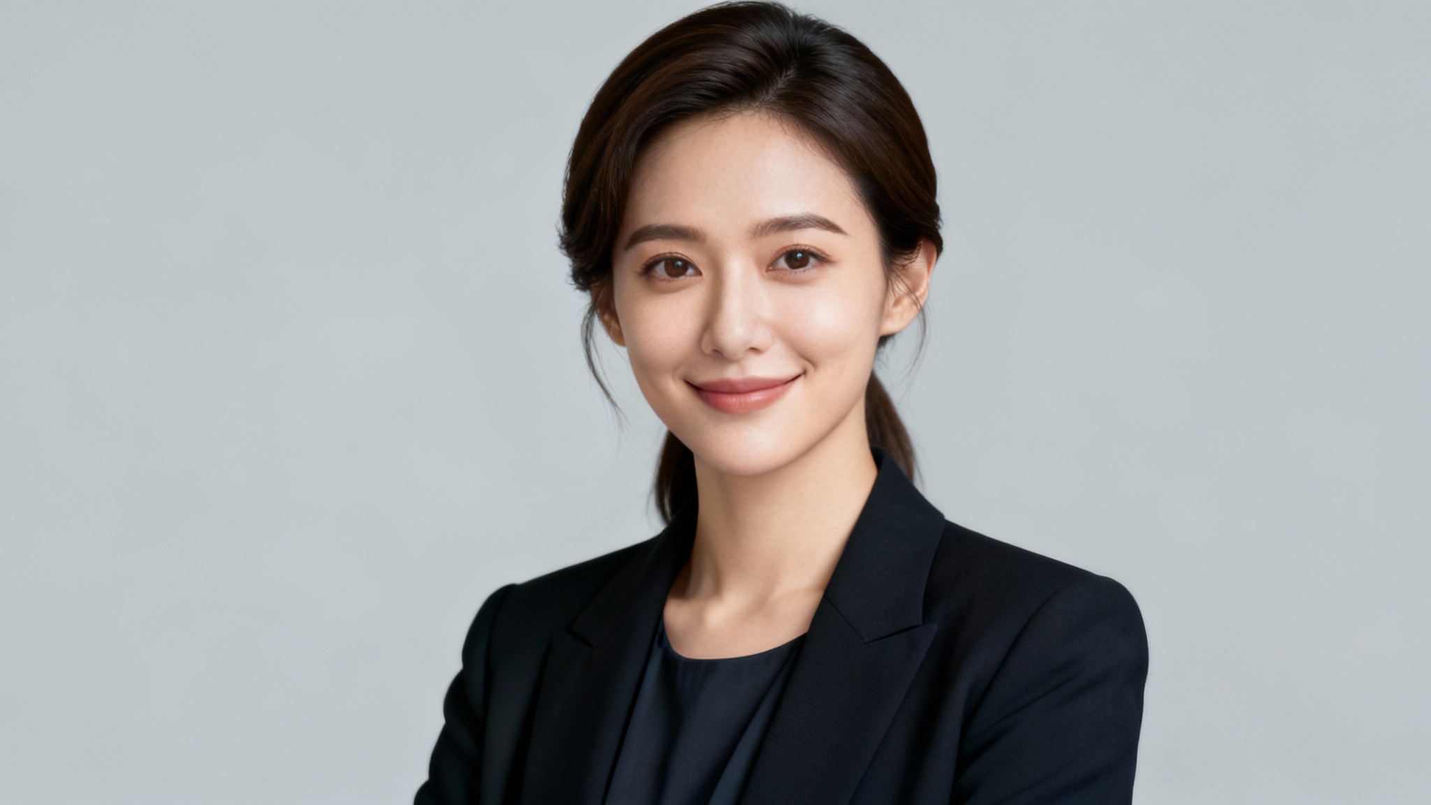 A professional CV headshot of a smiling woman in business attire against a neutral grey background, looking confident and approachable.