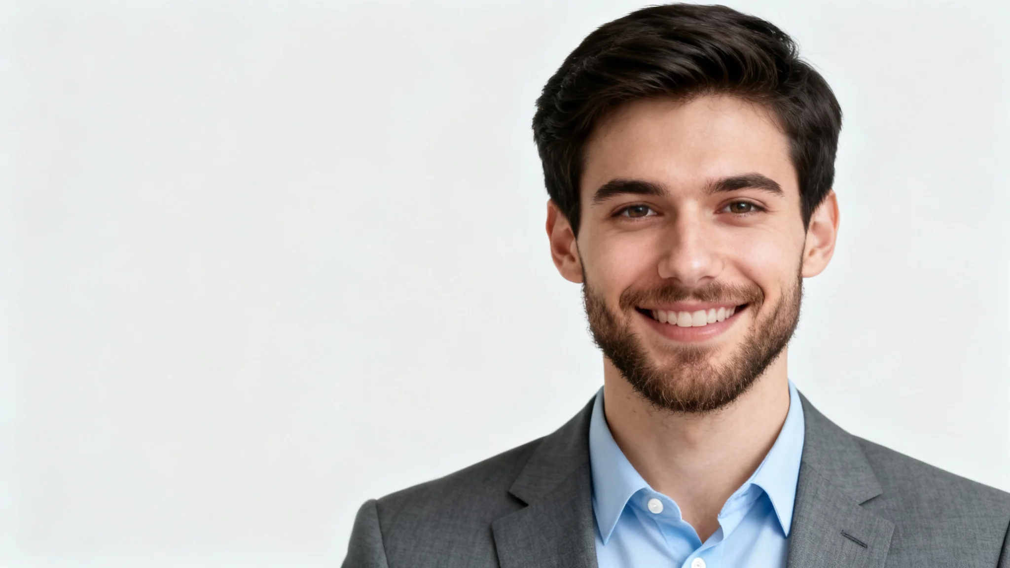 A professional CV headshot of a smiling young man in a suit jacket, looking confidently at the camera against a neutral gray background.