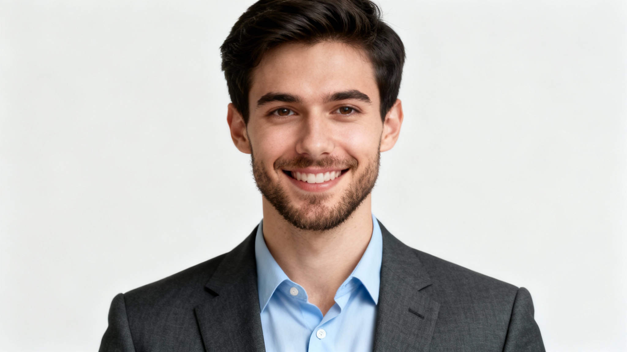 A professional CV headshot of a smiling young man in a suit and button-down shirt, set against a plain, neutral background.