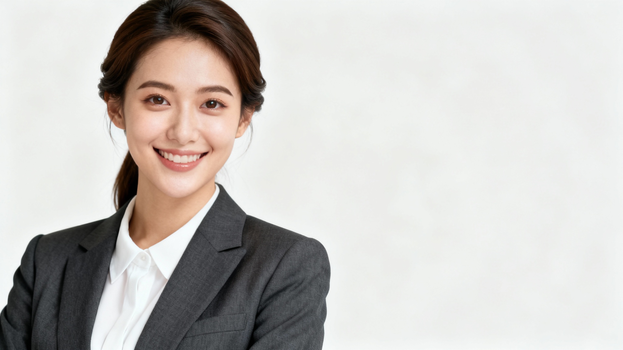 A professional CV headshot of a smiling woman in business attire, suitable for a resume, against a neutral background.
