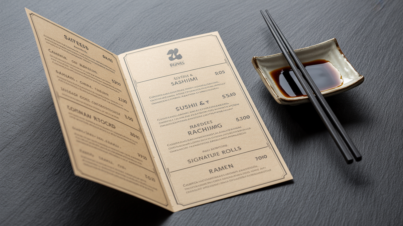 A top-down flat lay of a beautifully designed Japanese menu on a dark slate background, accompanied by chopsticks and a small soy sauce dish, creating a sophisticated and professional look.