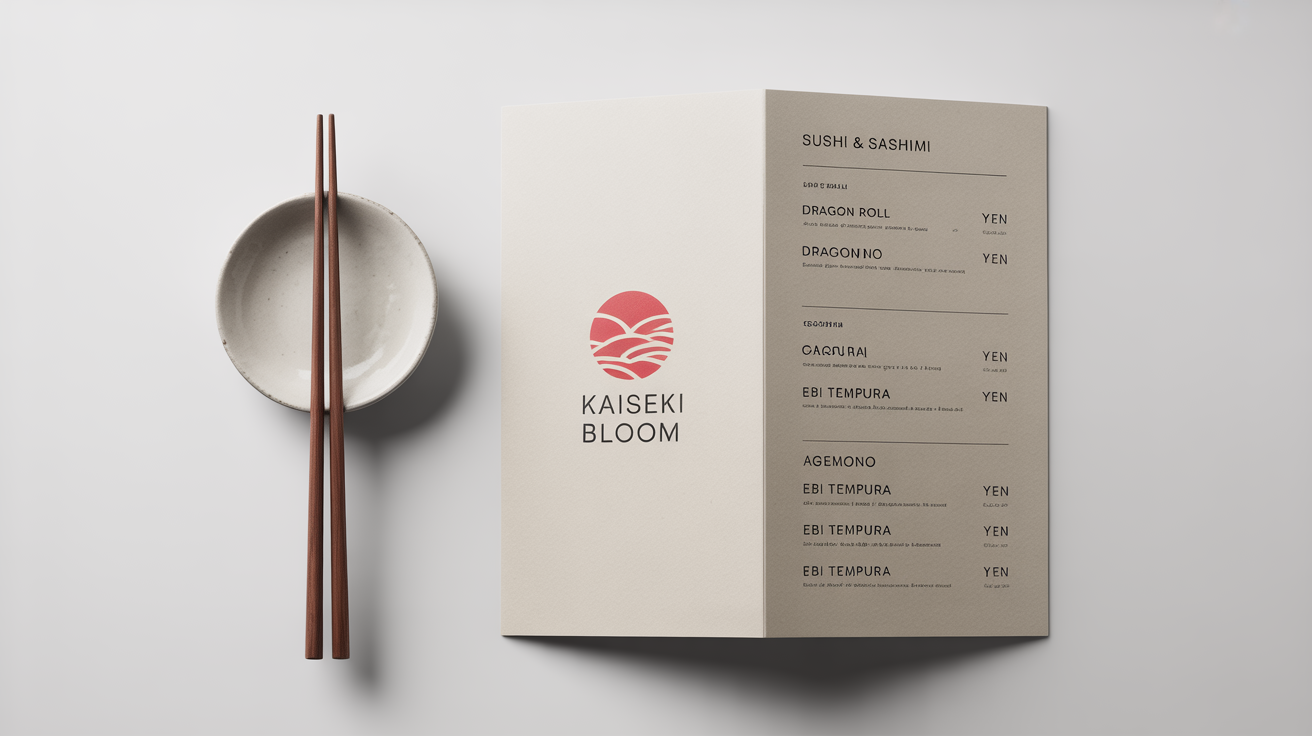 A professionally designed Japanese menu for a restaurant named 'Kaiseki Bloom', displayed open on a white background with a pair of chopsticks resting beside it.