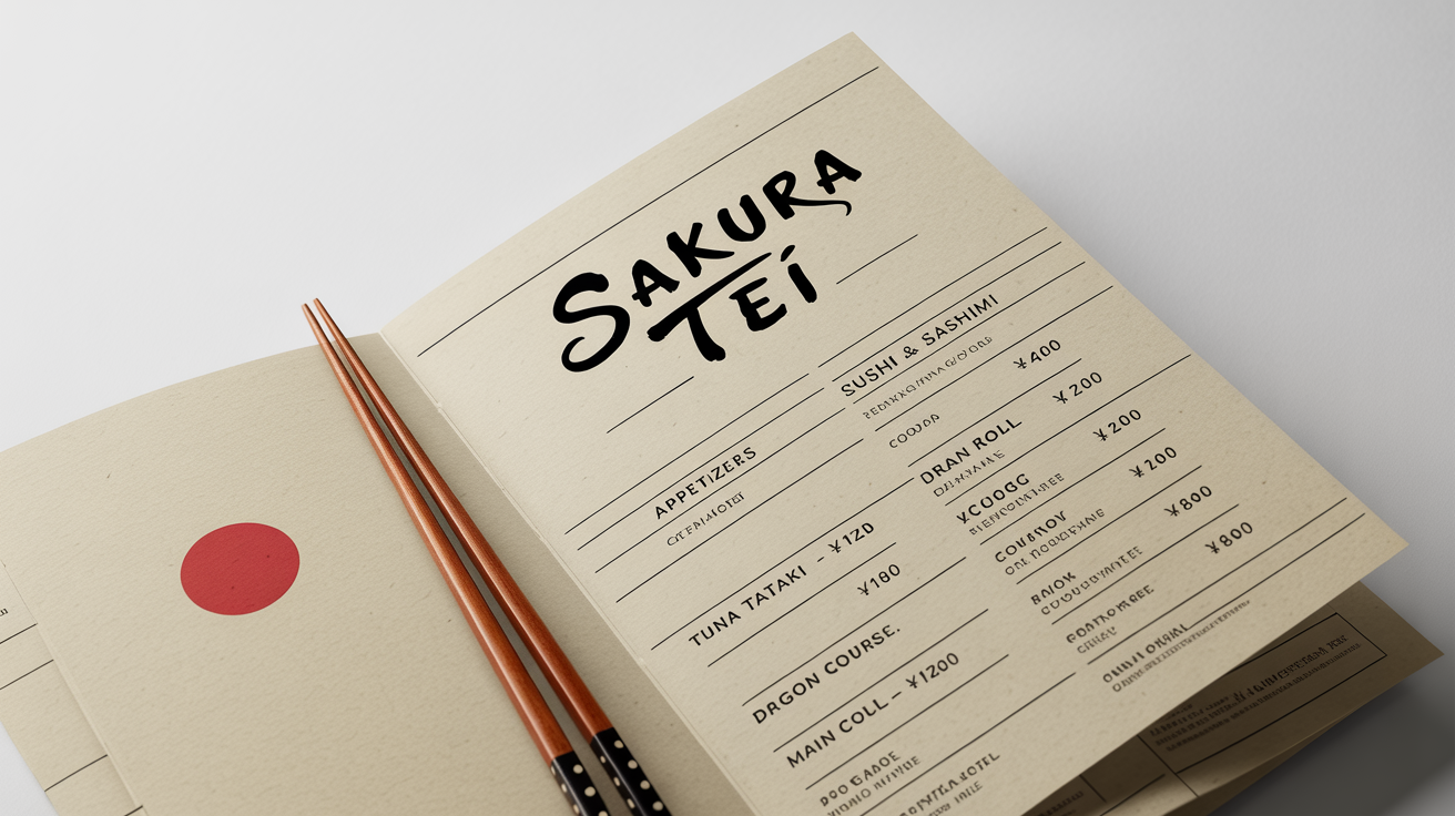 A professionally shot mockup of an open Japanese menu for a restaurant named 'Sakura Tei', laid flat on a white background with a pair of black chopsticks next to it.