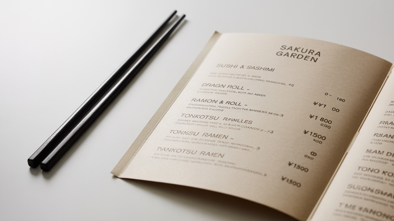 An elegant, open Japanese menu for a fictional restaurant named 'Sakura Garden', showcasing sections for sushi and ramen. The menu is displayed on a clean white background with a pair of black chopsticks resting beside it.