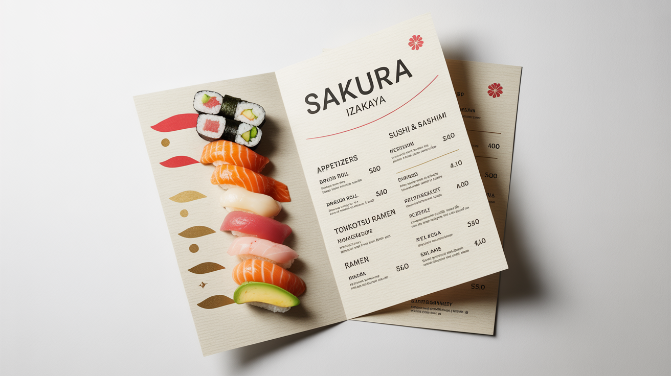 A flat lay image of a modern, open Japanese menu for a restaurant named 'Sakura Izakaya'. One side lists dishes like sushi and ramen, and the other shows a professional photo of a sushi platter, all on a clean white background.