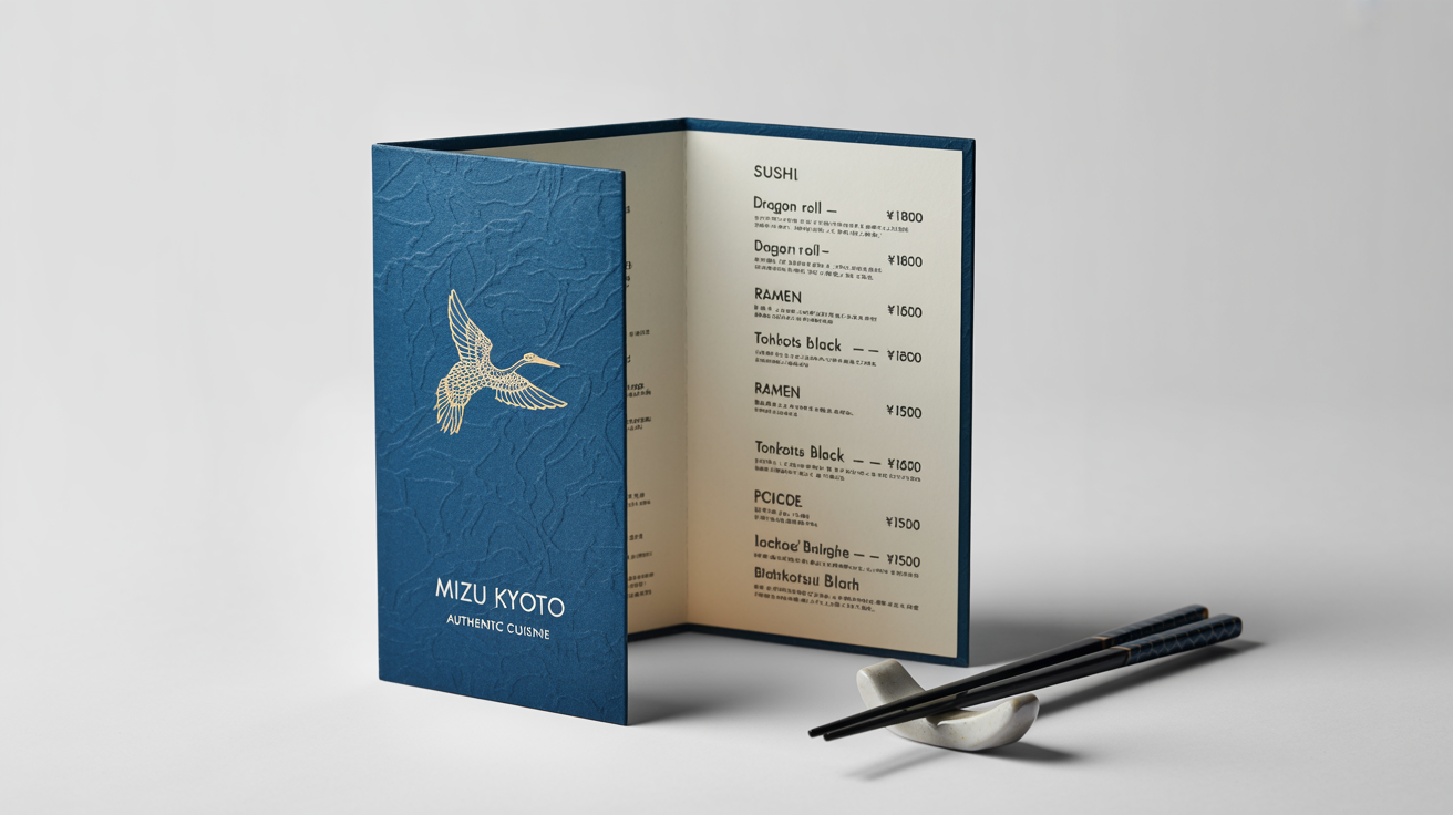 A professional mockup of an elegant, open Japanese menu for a restaurant named 'Mizu Kyoto', shown on a clean white background with a pair of chopsticks.