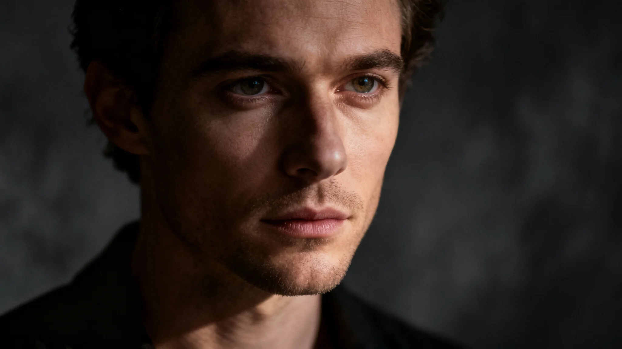 A professional studio portrait of a person with dramatic Rembrandt lighting, creating strong highlights and shadows across their face, set against a dark, out-of-focus studio background.