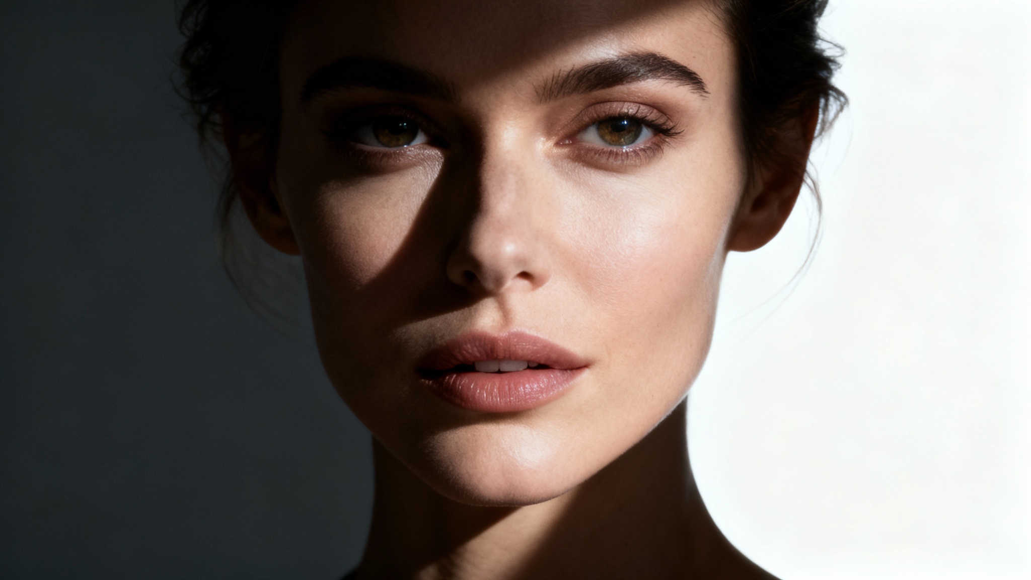 A professional studio portrait of a woman demonstrating dramatic three-point lighting effects, including a key light and rim light, presented as a mockup on a clean white background.