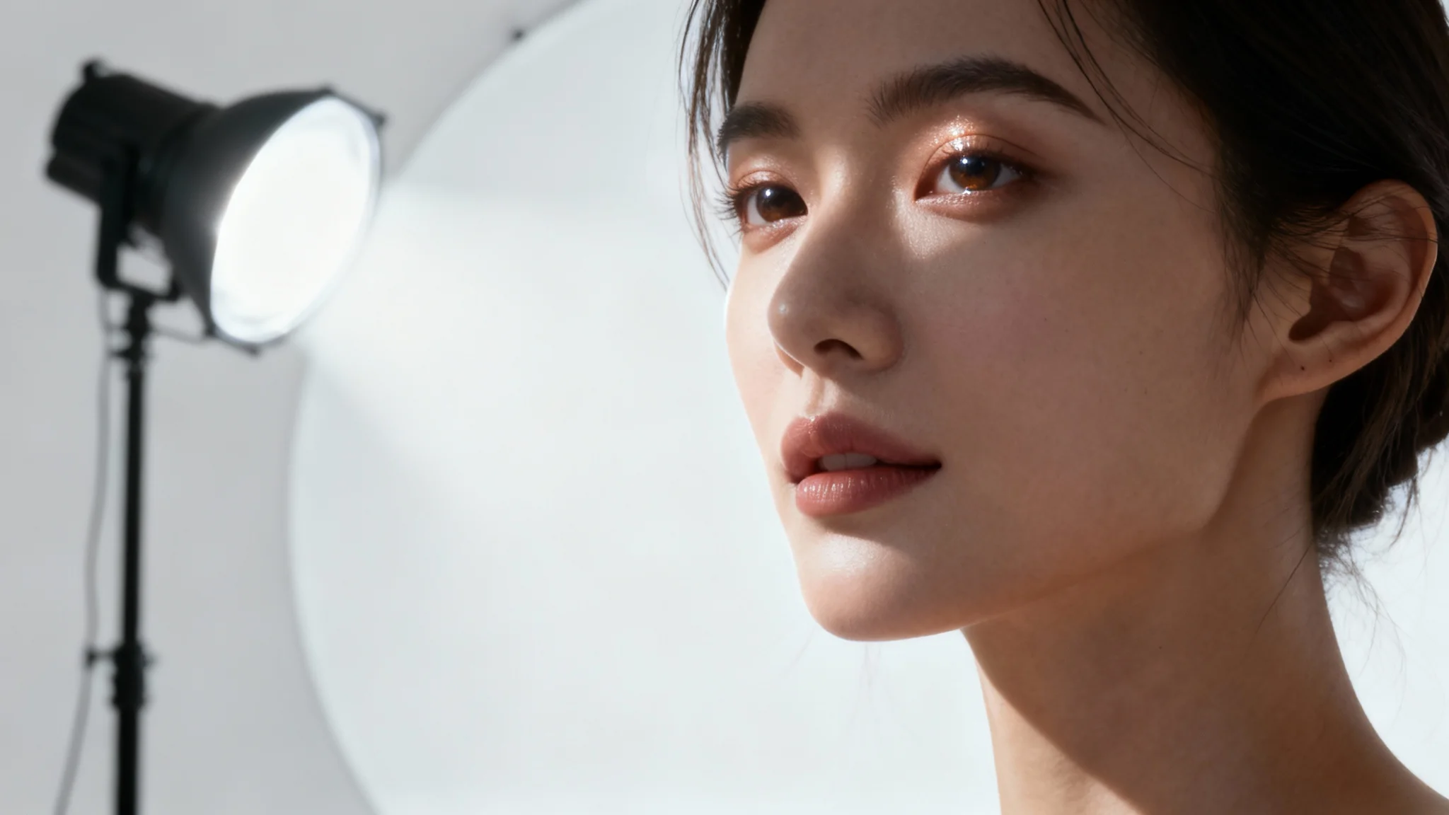 A professional studio portrait illustrating a key lighting technique, with a light stand visible next to a model against a pure white background.