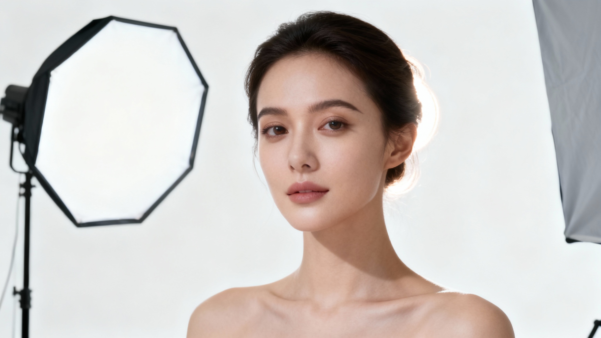 A close-up studio portrait of a woman beautifully illuminated by professional lighting equipment, which is partially visible against a clean background, showcasing a studio lighting technique.