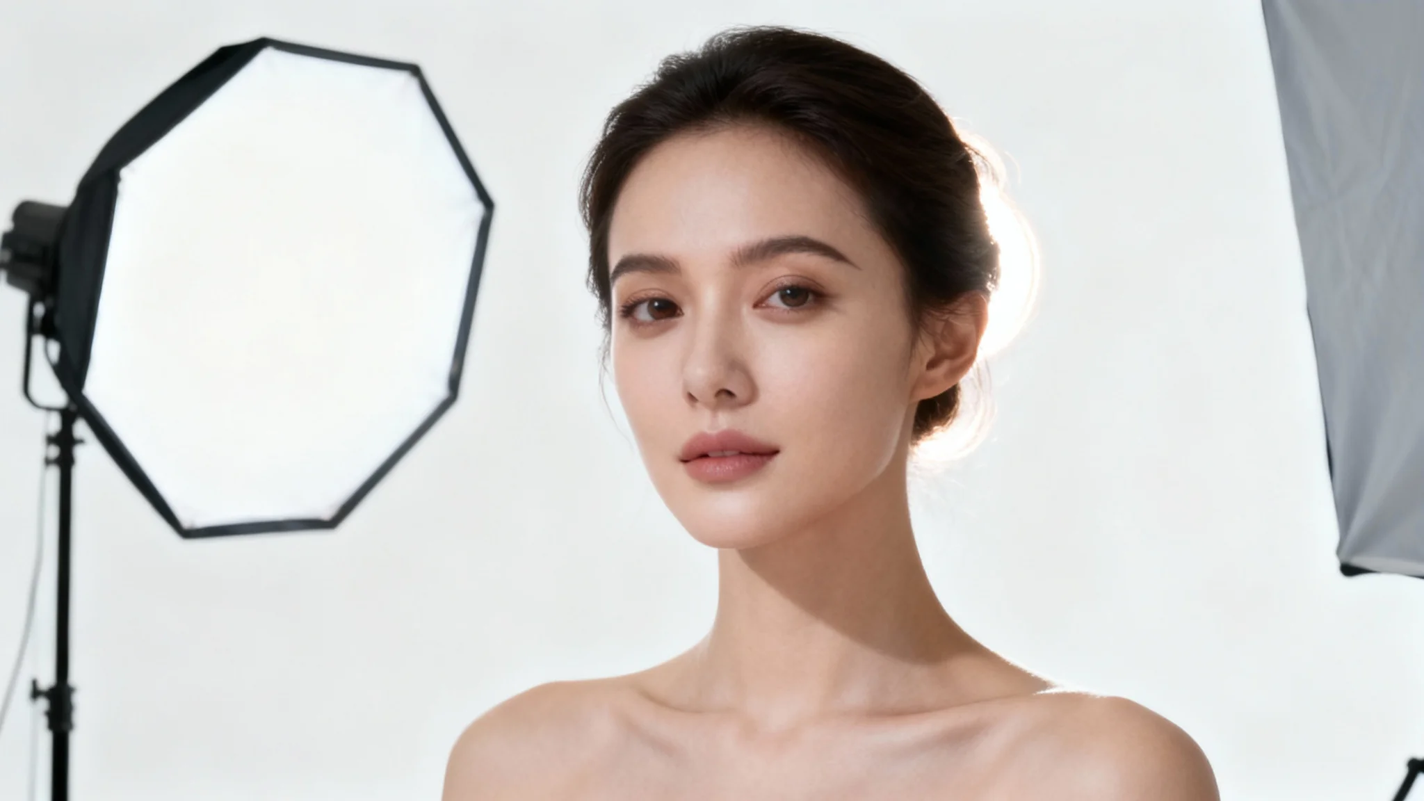 A close-up studio portrait of a woman beautifully illuminated by professional lighting equipment, which is partially visible against a clean background, showcasing a studio lighting technique.